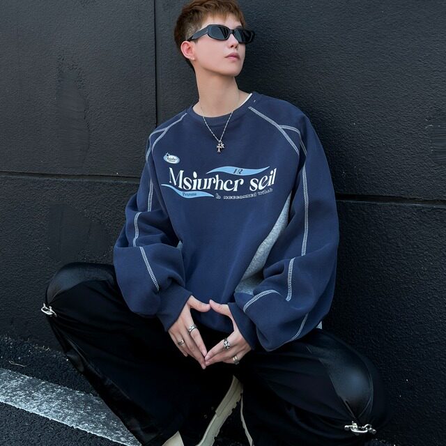 秋季美式小众情侣上衣oversize复古印花撞色圆领卫衣HW120P42,男装卫衣,星座1116-2