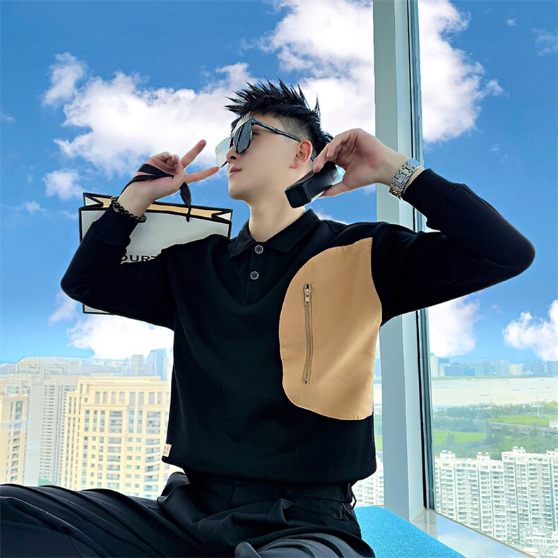 AW217/P78控108秋季社会小伙翻领拼接撞色设计感打底卫衣男黑首图片