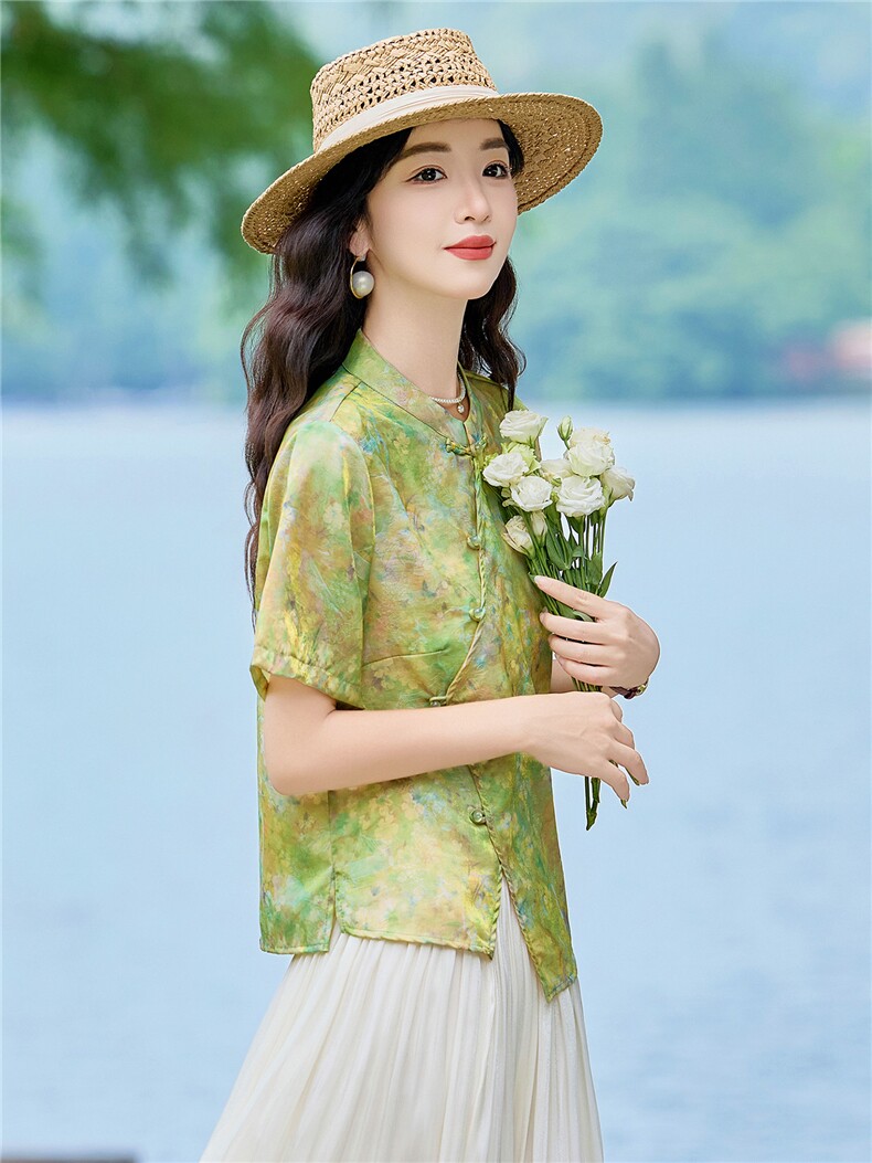 现货2026年夏季新款中老年妈式复古短袖小衬衫盘扣开衫上衣T恤女,女装衬衫,璐依舞