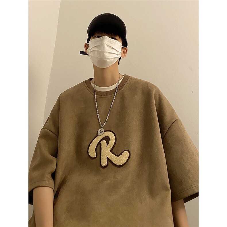 2023夏季新款百搭麂皮绒短袖青少年潮流字母T恤JK23249-p35控48,男装T恤,星座605(原A050)