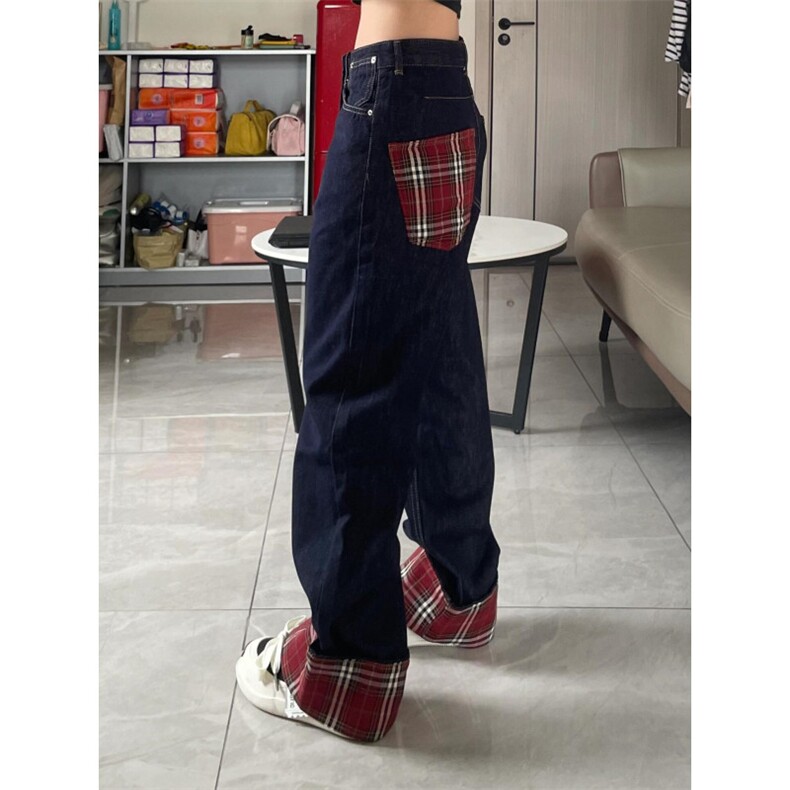 【网图有货】美式格子拼接卷边牛仔裤男女阔腿裤子NZ011CC-特P48,男装牛仔裤,星座1007（原301D）
