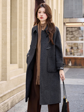 现货2025手工缝制冬季保暖新款时尚舒适中长款翻领双面羊毛大衣，女装双面呢大衣，卡杰菲