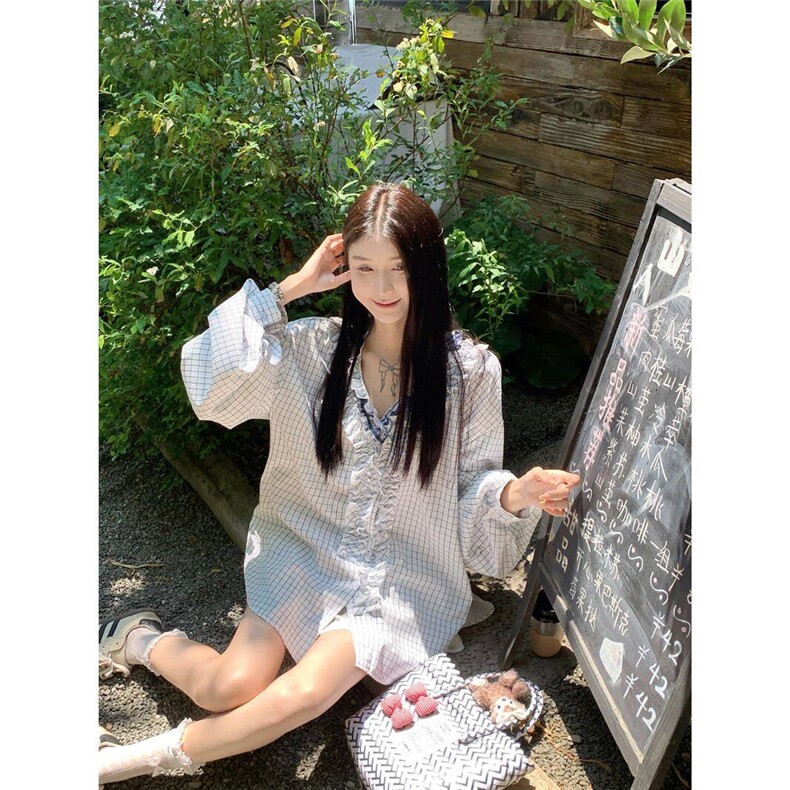 D726-P55法式层叠木耳边领格子衬衫春夏设计感独特绝美长袖上衣,男装衬衫,星座911