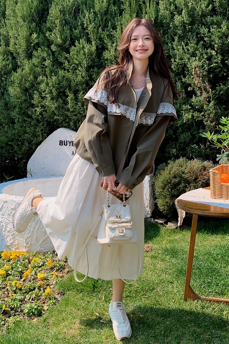 美式复古甜酷风蕾丝拼接暗扣工装外套女2025春款休闲棒球服夹克,女装短外套,蝶眷