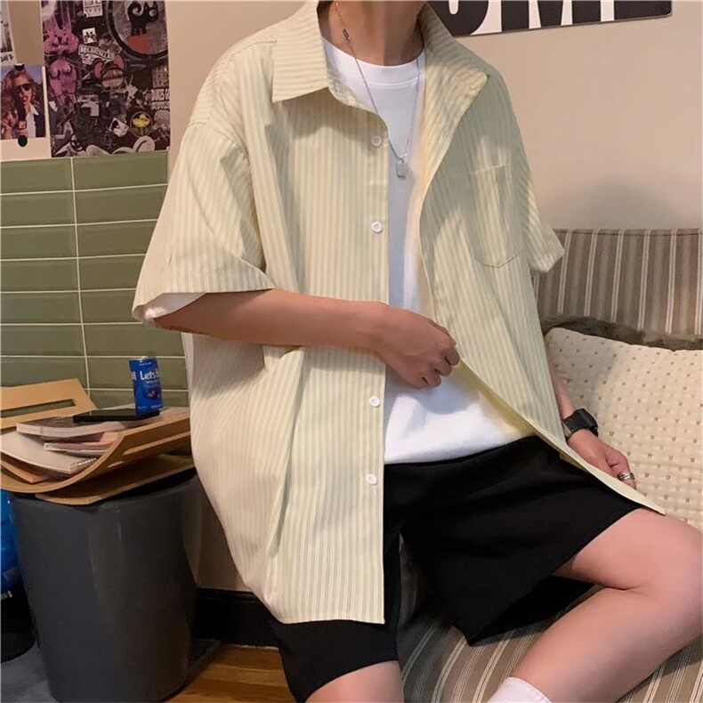 盐系衬衫雾霾蓝港风条纹短袖衬衣男夏季宽松百搭慵懒风五分袖外套,男装T恤,星座506A