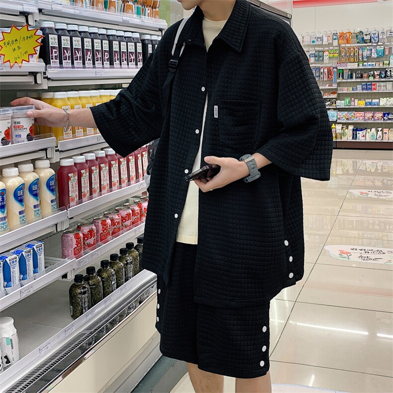 特P55控98-华夫格休闲运动套装男夏季开衫短裤两件套XTZ223,男装休闲套装,电商B370