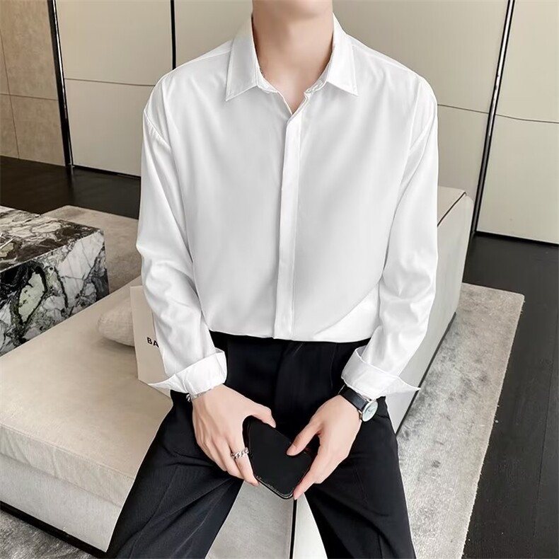 GS503P45翻领暗扣纯色长袖衬衫轻奢日系港风百搭商务衬衣男,男装衬衫,星座1108-5