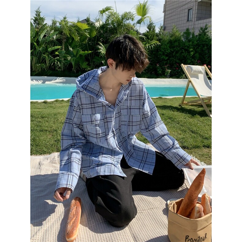 春秋宽松休闲连帽格子衬衫男士潮流工装薄外套上衣男CS543，男装衬衫，星座208-5