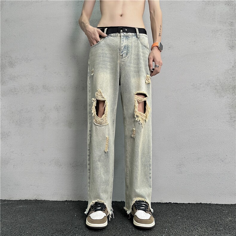 k1019-p50-控78M-5XL现货oversizecleanfit显瘦黄泥牛仔裤破洞,男装牛仔裤,星座116