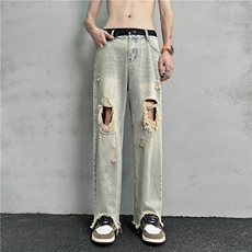 k1019-p50-控78M-5XL现货oversizecleanfit显瘦黄泥牛仔裤破洞，男装牛仔裤，星座116