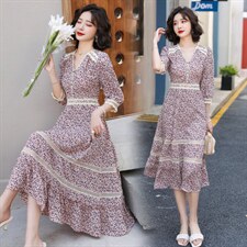 甜美蕾丝花边拼接荷叶边裙花色连衣裙2023年夏季，女装连衣裙，韩蜜菓