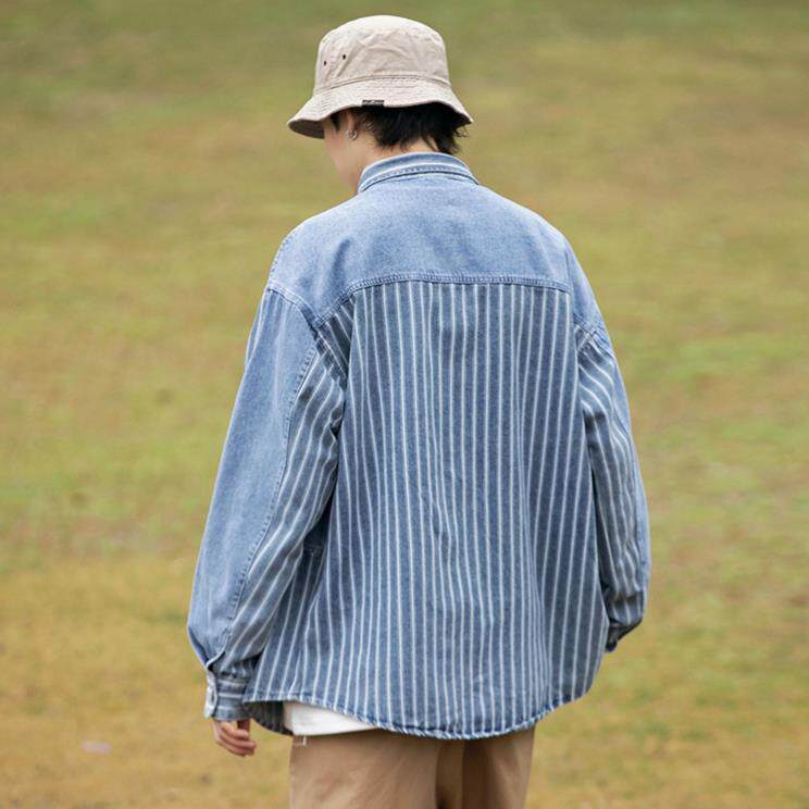 复古条纹拼接牛仔衬衫外套男士春秋款ins潮宽松水洗工装夹克上衣图片