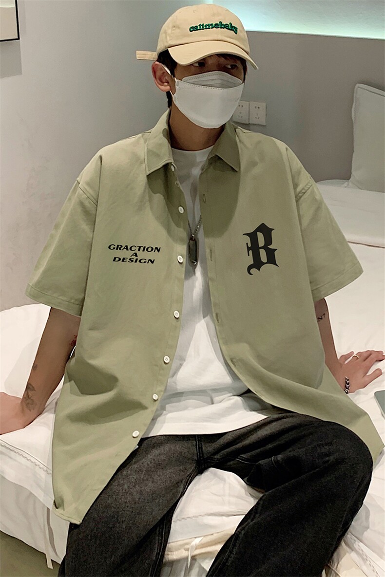港风夏季韩版宽松翻领短袖字母印花衬衫男多色S6201P35控48,男装T恤,电商A268A