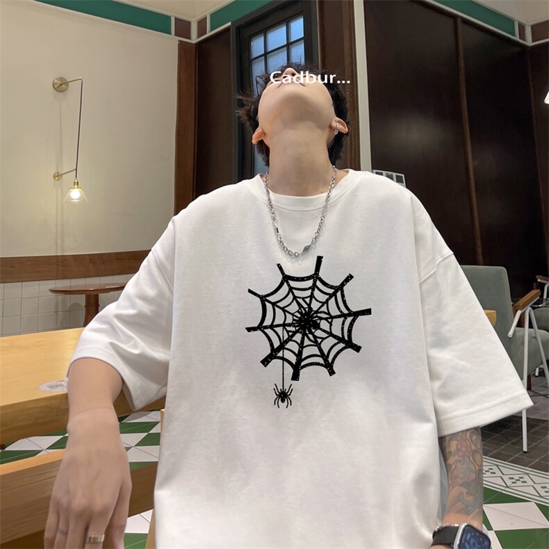 美式潮牌蛛网印花短袖男oversize重磅纯棉半截袖休闲百搭情侣t恤,男装T恤,电商B371