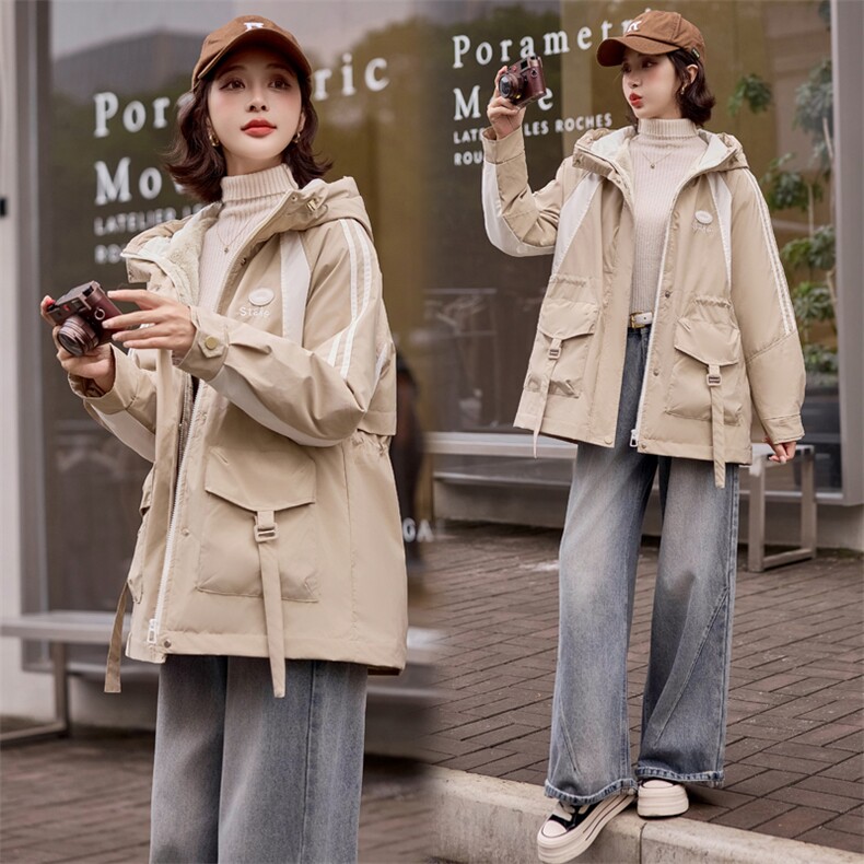加绒加厚冬装新款派克棉服女中长款保暖连帽简约时尚工装棉衣外套,女装棉衣/棉服,梦懿尔