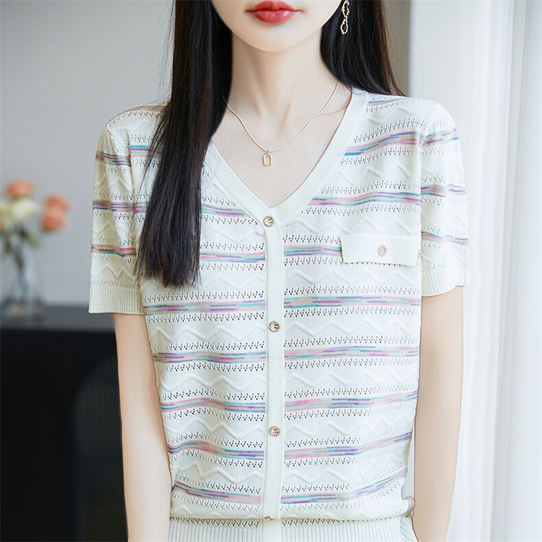 今年新款2025夏显瘦减龄百镂空彩色条纹针织衫V领短袖上衣女上衣,针织衫/毛衣,皓宇羊绒