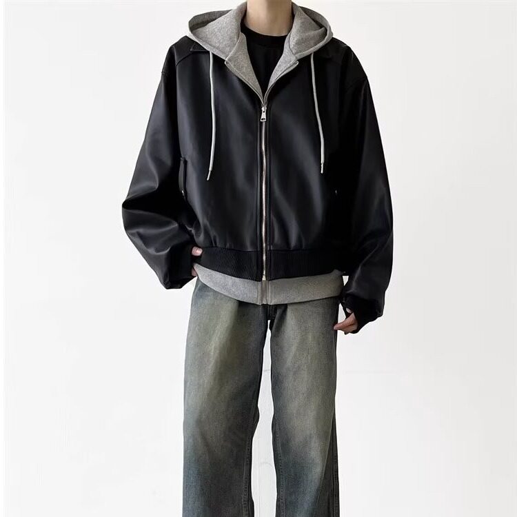 1506-1/JWT1891/P66韩系假两件连帽拼接pu皮外套男宽松潮流百搭,男装皮衣,星座1506-1