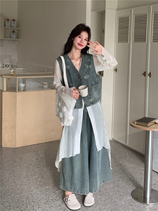 设计感连衣裙打配牛仔马甲套装女春夏季小众阔腿裤三件套减龄图片