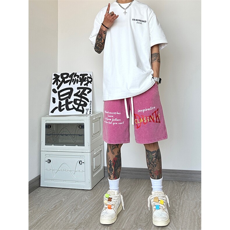 港风纯棉320G重磅水洗做旧印花短裤A014-DY2372-P50控68，男装牛仔裤，电商A014