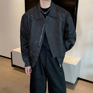 春秋设计感裂纹外套男高级时尚宽松短款翻领飞行夹克上衣2352P125图片