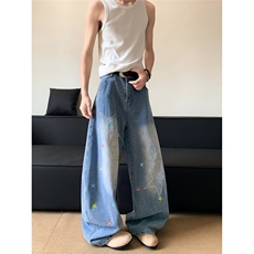 美式阔腿牛仔裤新款设计感小众高腰显瘦宽松直筒裤N6089-P55，男装牛仔裤，星座208-5