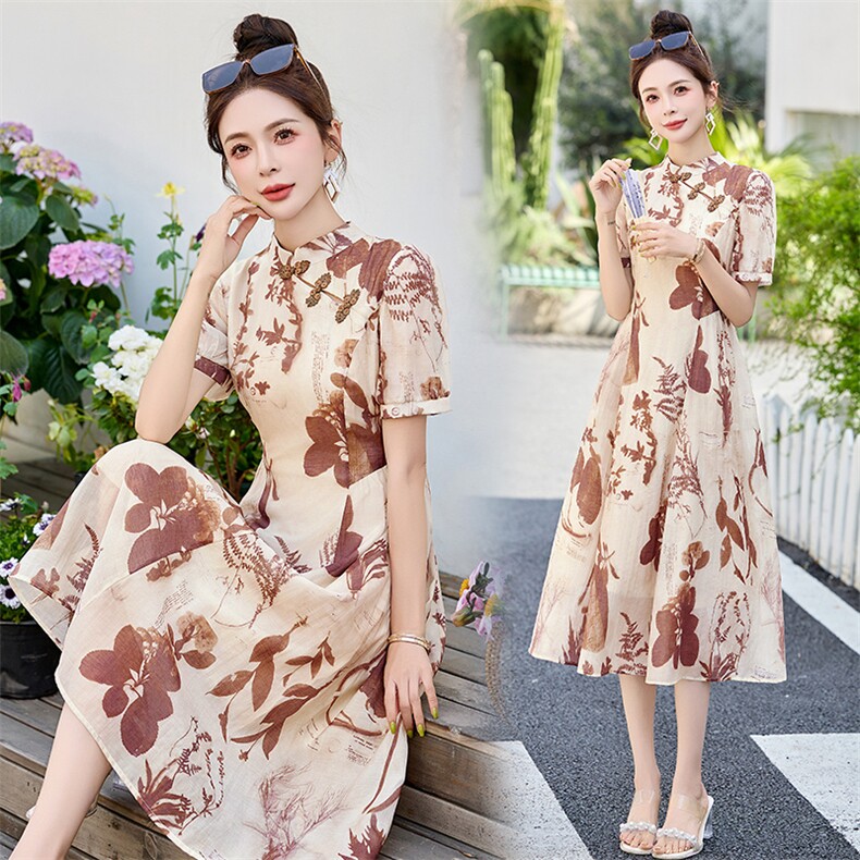 新中式国风改良旗袍连衣裙女2025夏季新款修身显瘦印花绝美长裙子图片