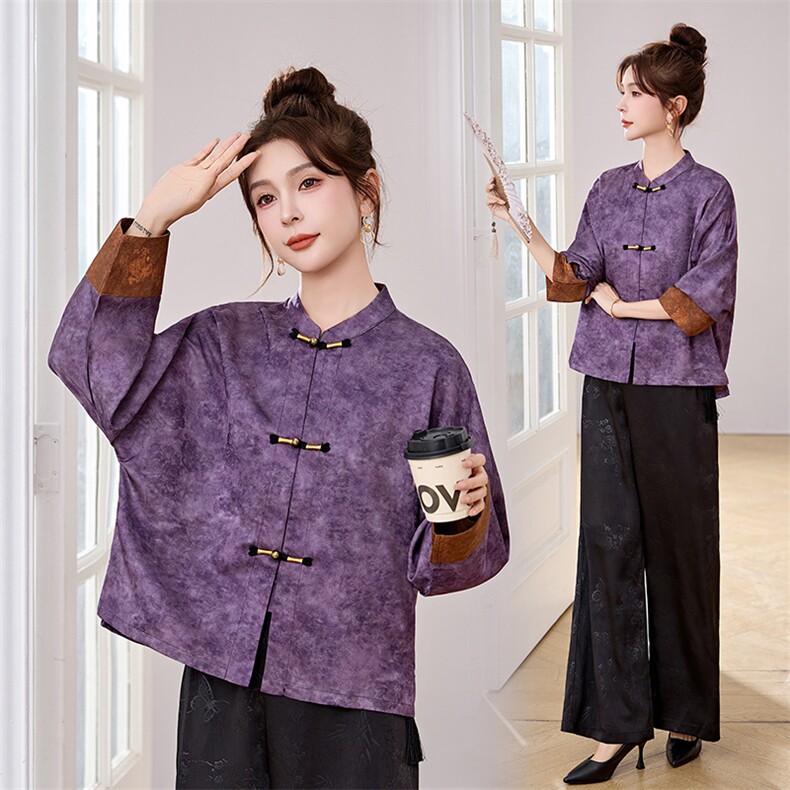 新中式外套女春秋季2026新款高级感休闲提花气质减龄百搭紫色上衣，女装短外套，丽影随形