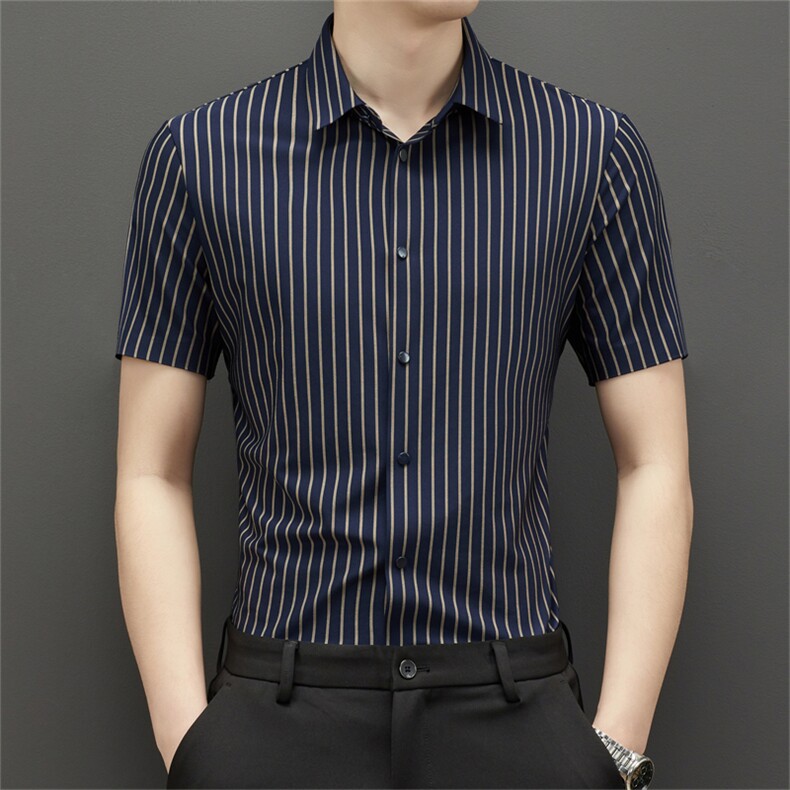 新款男士休闲条纹时尚免烫短袖衬衫商务上衣修身男装CK8602-P78,男装衬衫,星座1105-3