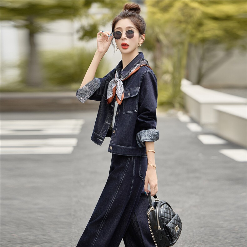 牛仔套装女2025秋新款高级感巨好看的超火休闲松弛感阔腿裤两件套,女装套装/套裙,浪花E族（衣布洛）