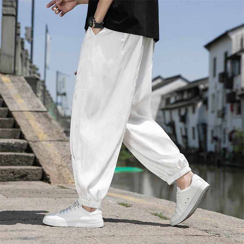 夏季冰丝空调裤裤子宽松束脚潮流男士休闲裤薄款提花垂感防蚊透气，男装休闲裤，电商A011（原4039）