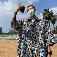 短袖衬衫男夏季新款日系风复古花衬衫痞帅男生度假t恤寸衣外C2211，男装衬衫，星座601-2