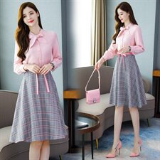 2021春秋季新款衬衫领拼接格子连衣裙简约气质知性优雅套装/套裙，女装套装/套裙，瑶迪依秀