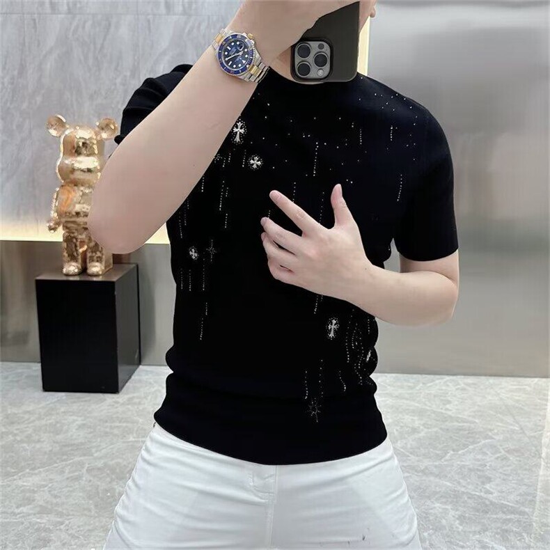 欧货流行潮男短袖夏季时尚轻奢流星烫钻修身半袖男潮牌圆领上衣潮图片