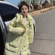 冬装奶黄色加厚中长款面包棉服，女装棉衣/棉服，菡迪欧娜