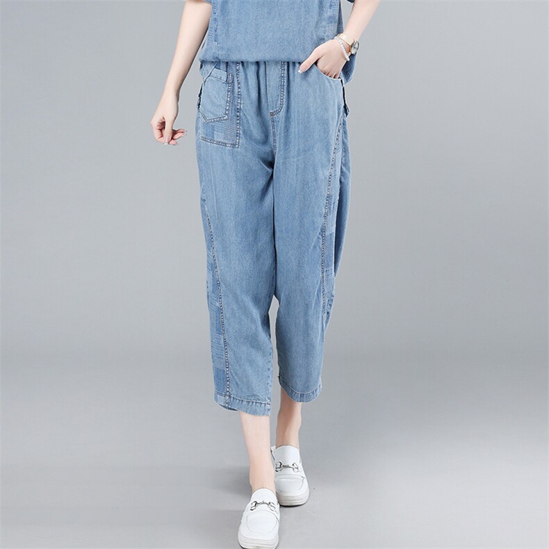 捡漏~时尚妈妈中老年牛仔印花拼接短袖上衣显瘦七分裤女，女装牛仔裤，叶笙衣