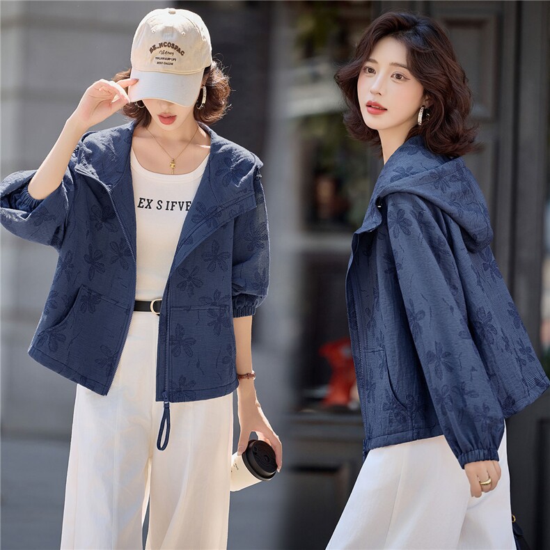 2025秋装新款简约时尚休闲连帽提花外套，女装短外套，深水步