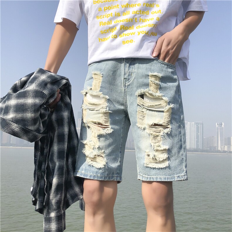 夏季牛仔裤男短裤ins潮流破洞直筒五分裤男港风中裤DK021-P40，男装牛仔裤，电商A318