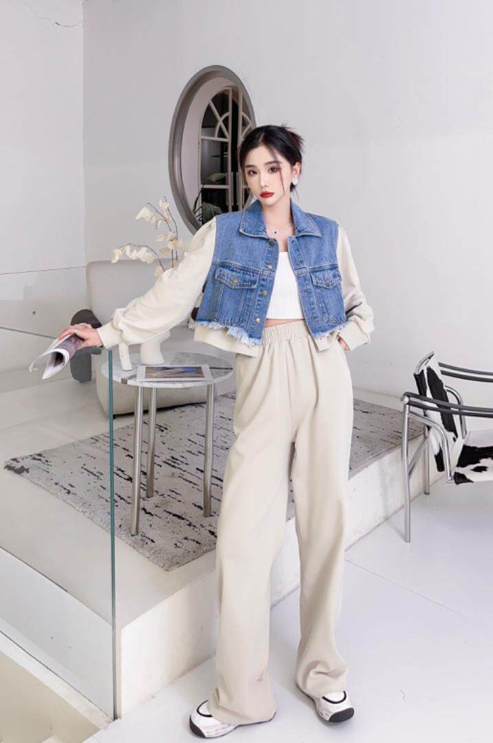 超美牛仔拼接款套装，女装职业装，贻思茗