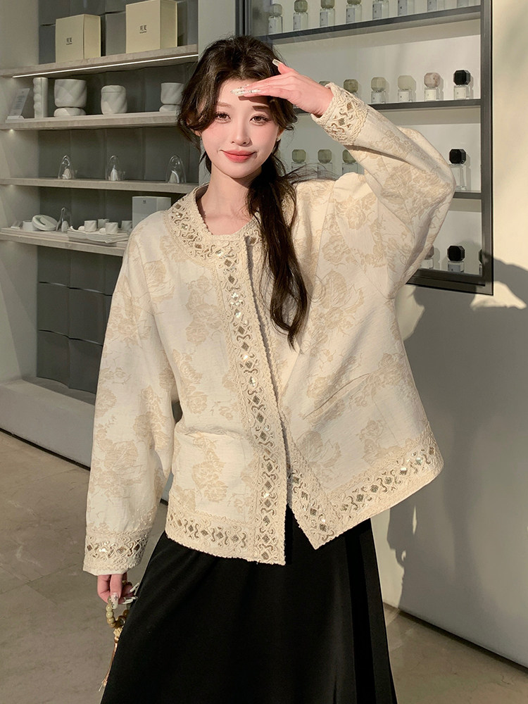 白色新中式外套女2025春季新款重工亮片国风蕾丝花边提花上衣,女装短外套,浙宝208A