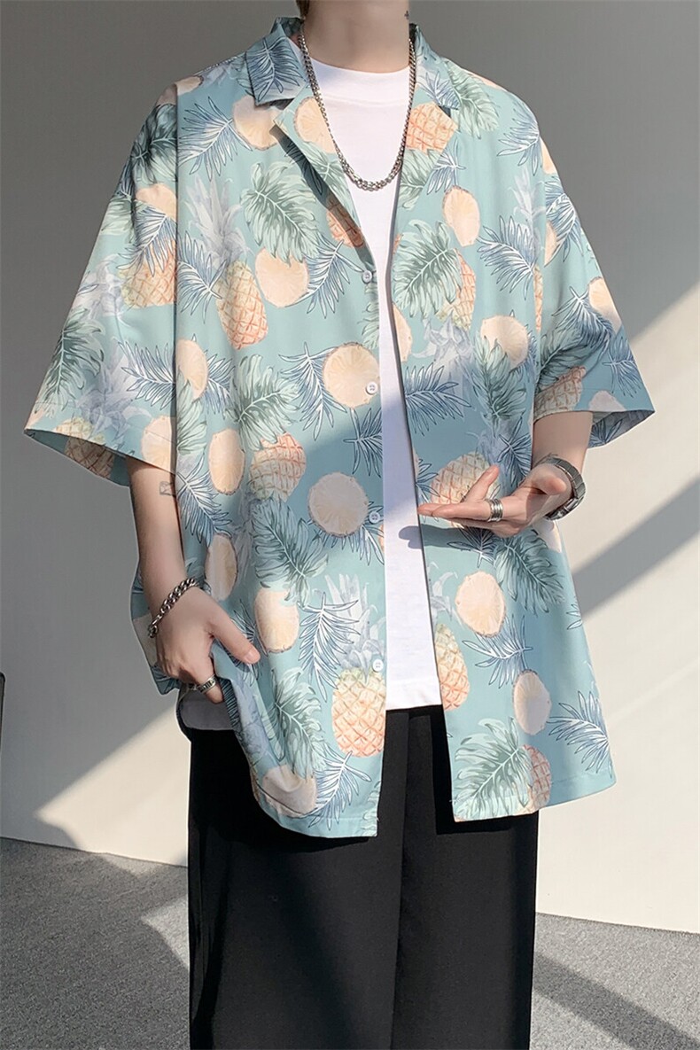 8XL-M冰丝凉感衬衣垂感透气复古花纹宽松男五分袖短袖衬衫CS526,男装T恤,电商D206-1