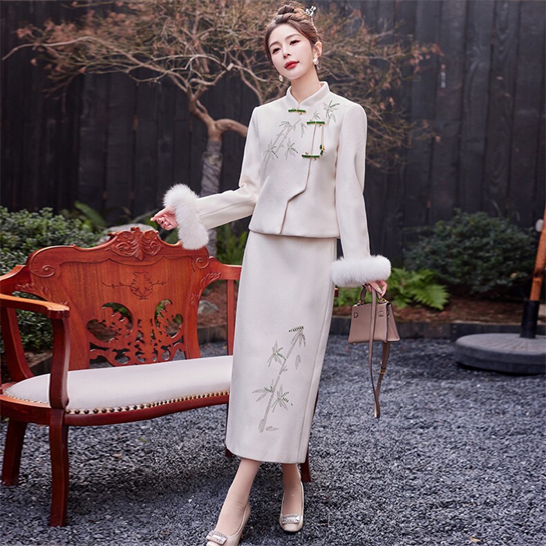 改良旗袍新款秋冬季加厚长袖年轻款气质高端刺绣连衣裙女冬小个子,女装套装/套裙,芷墨服饰
