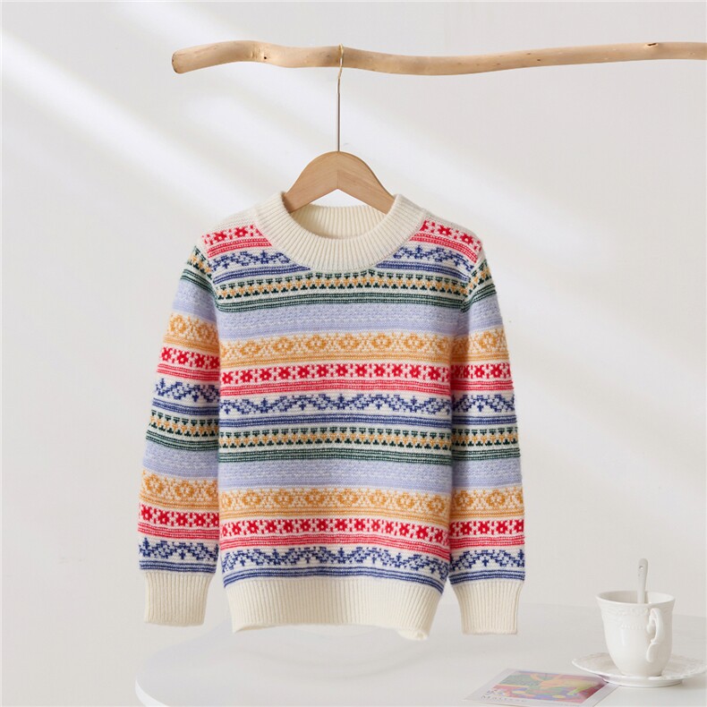 2025年新款百搭条纹绣花圆领长袖羊绒衫，童装儿童羊绒衫，轩曦羊绒
