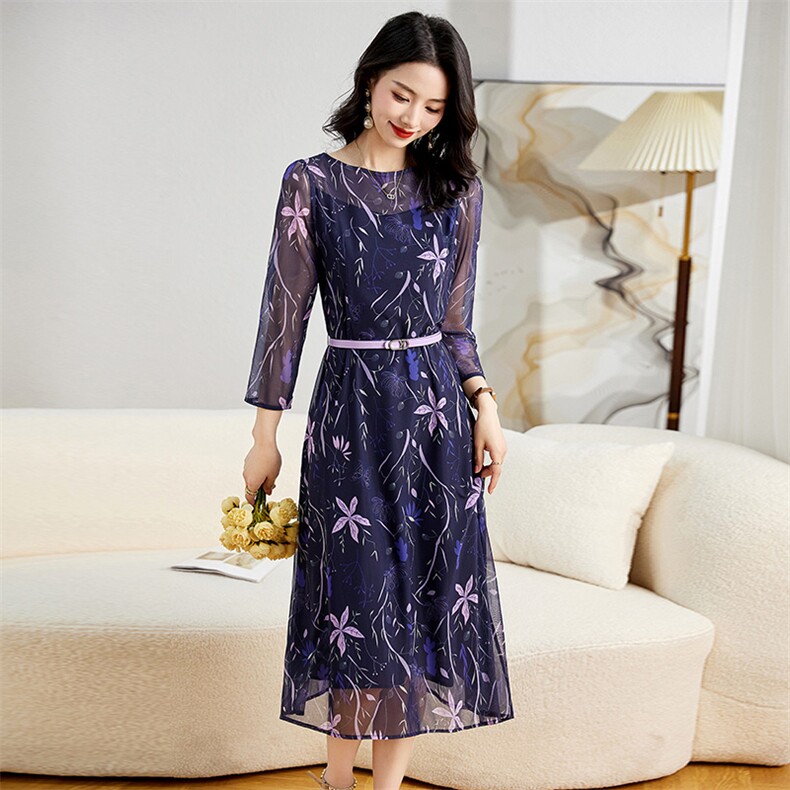 2025新款大码女装夏显瘦拼接蕾丝荷叶袖裙子胖妹妹遮肚雪纺连衣裙,女装连衣裙,牡丹诺