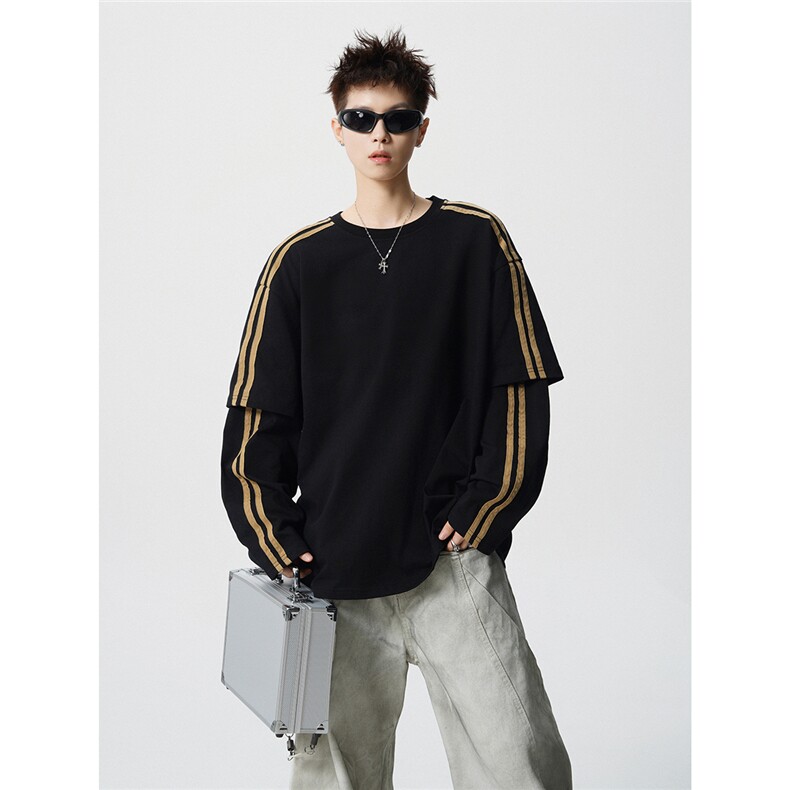 可二开假二件袖子织带M-5XL大码棉长袖T恤男CX78112P42控78，男装T恤，星座227-7