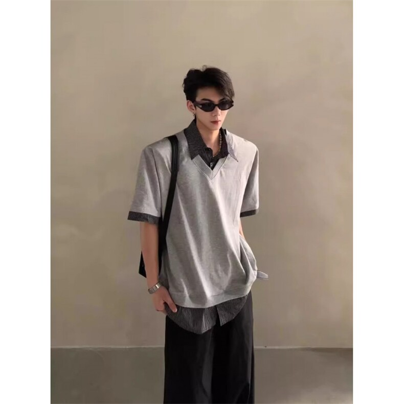 WE1556-P552025夏季复古小众设计感假两件拼接衬衫领短袖polo衫,男装T恤,电商B323A