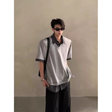 WE1556-P552025夏季复古小众设计感假两件拼接衬衫领短袖polo衫，男装T恤，电商B323A