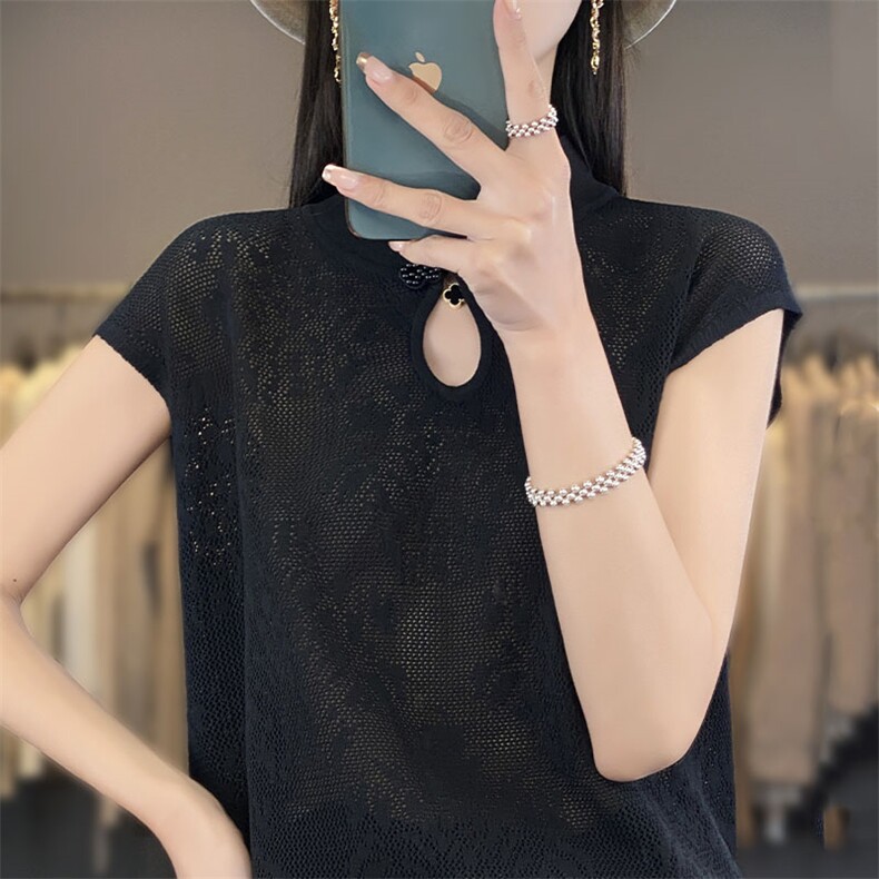 夏季新中式盘扣旗袍领镂空提花冰丝薄短袖T恤女国风针织立领上衣,女装马甲,萱芳婷羊绒