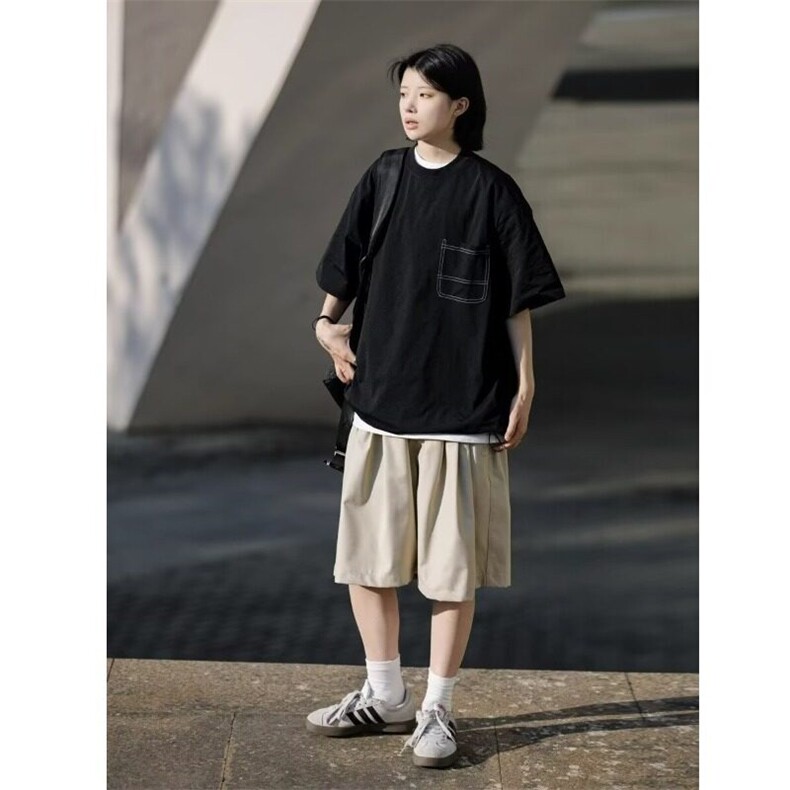日系复古卡其色宽松休闲短裤女夏季简约风纯色潮牌百搭五分裤子,女装休闲裤,星座506A