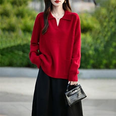 POLO领100%纯羊毛针织衫女外穿宽松毛衣2025秋冬翻领上衣，女装羊毛衫，鲁菏羊绒