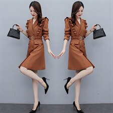 现货风衣2021秋季时尚简约大方气质优雅收腰显瘦修身百搭风衣裙，女装风衣，丽美静依